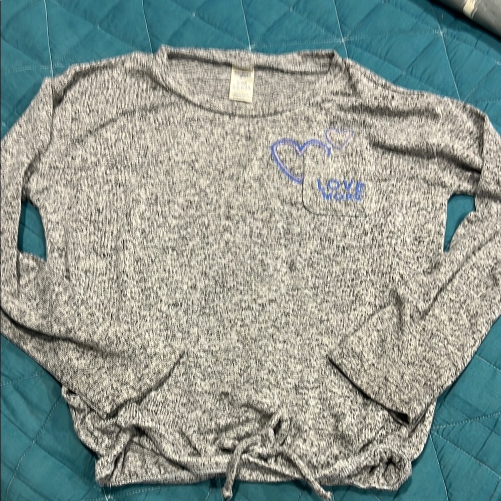 Gray Knit Sweater with Blue Heart and Pocket Detail